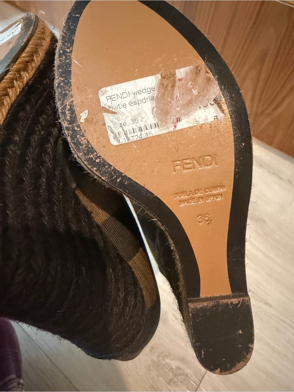Fendi Black Leather Peep-Toe Platform Espadrille Wedges - Picture 6 of 6